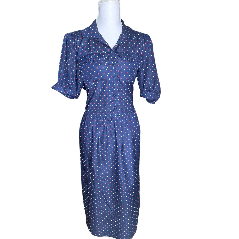 Vintage 1980s Leslie Fay Navy Blue Red White Polka Dot Midi Shirtdress Size 12